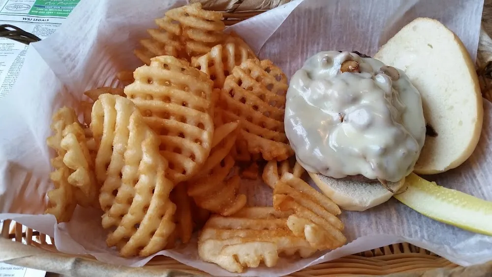 Mushroom Swiss Burger and Fries